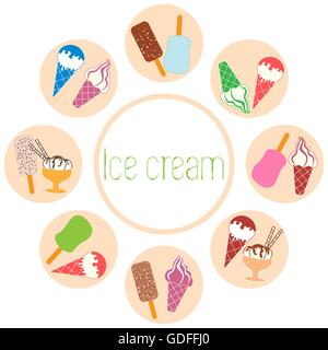 Nice picture of a colored scheme with various kinds of delicious ice cream and inscription on a white background Stock Vector