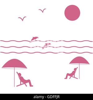 Nice picture on holiday by the sea: the sun, seagulls, dolphins, waves, people in beach chairs under umbrellas on a white backgr Stock Vector