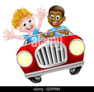 Cartoon boys driving fast in a car on a road trip Stock Photo