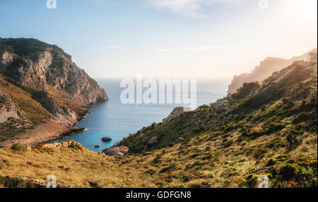 View of one of the most beautiful bays of Cape Formentor with azure water, wild beach, Mallorca, Spain Stock Photo