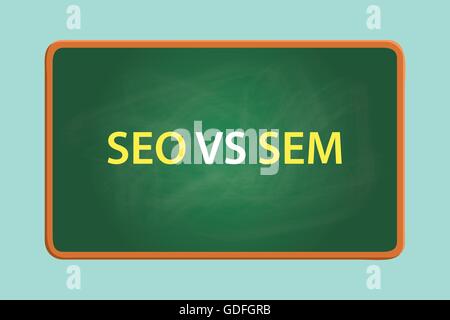 seo vs sem concept with green board with text on front of it Stock Vector