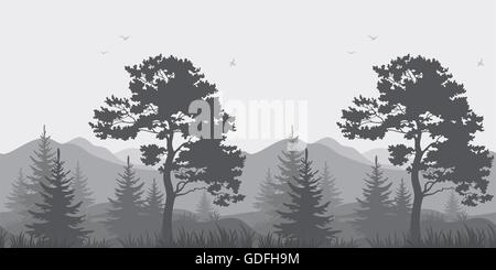 Mountain landscape with trees and birds Stock Vector