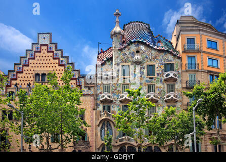 To the left Casa Amatler to the right Casa Batllo Passeig de Gracia, Eixample, Barcelona, Catalonia, Spain. Stock Photo