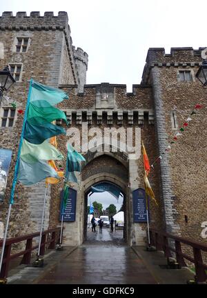 The beautiful exterior of Cardiff Castle in Wales with flags Stock Photo