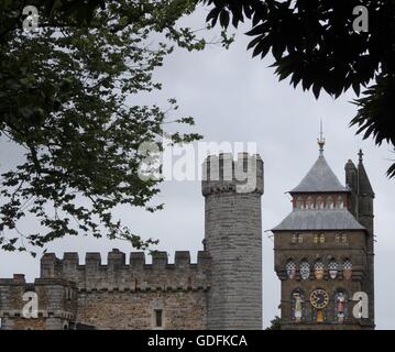 The beautiful exterior of Cardiff Castle in Wales with flags Stock Photo