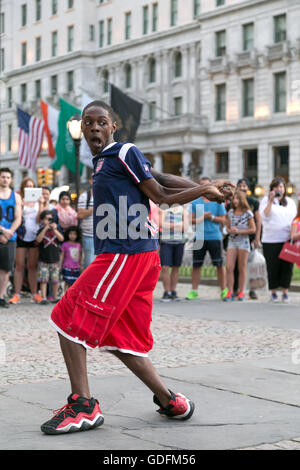 New York City, NY, USA - September 15, 2014. Street dancer performing in Grand Army Plaza, in Manhattan, New York City. Stock Photo