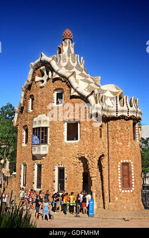 One of the porter's lodge pavilions at the entrance of Park Guell (by Antoni Gaudi), Barcelona, Catalonia, Spain Stock Photo