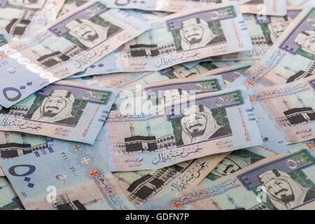 Heap of Five Hundred Saudi Riyals Banknotes Stock Photo