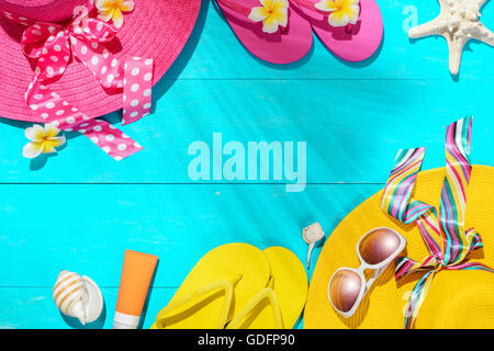 beach accessories on the blue wooden board Stock Photo