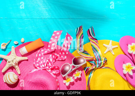 beach accessories on the blue wooden board Stock Photo