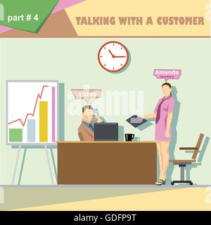 Business company roles situation infographics with boss and talking with a customer and secretary at work. Digital vector image Stock Vector