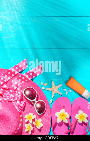 beach accessories on the blue wooden board Stock Photo