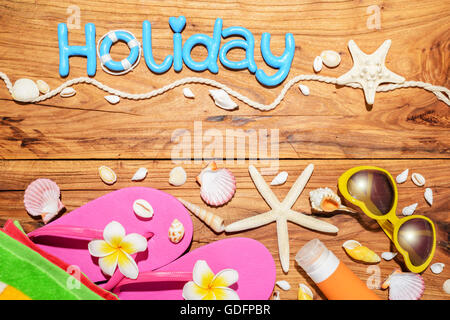 beach accessories on the wooden board Stock Photo