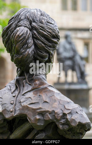 Mary Webb and Charles Darwin statues outside Shrewsbury library, Shropshire, England, UK Stock Photo