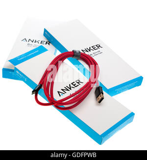 Three boxed 6 feet long micro USB nylon cable Stock Photo