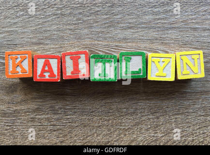 Kaitlyn name written with wood block letter toys Stock Photo