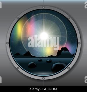 View from rocket or ship porthole on a planet in space over a background with glowing stars. Digital vector image Stock Vector