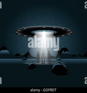 Aliens on a planet, a flying unidentified ship with light over a background with dark space and glowing stars. Digital vector im Stock Vector