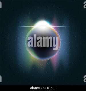 Futuristic planet earth in 3d in space full of stars, rising sun with colored light and sparkle. Digital vector image Stock Vector