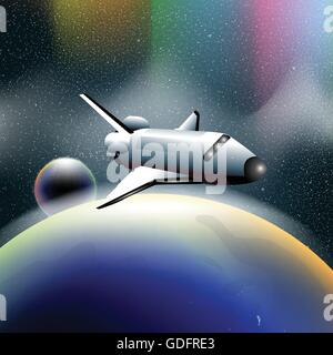 Shuttle in space flying from planet earth, orbiting a blue planet. Digital vector image. Stock Vector