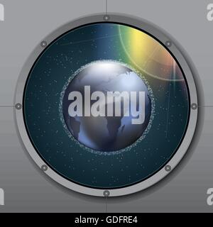 View from rocket or ship porthole on planet earth in space over a background with glowing stars. Digital vector image Stock Vector