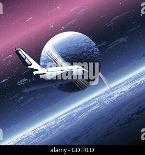 Shuttle in space orbiting a big planet with many rings. Digital vector image. Stock Vector