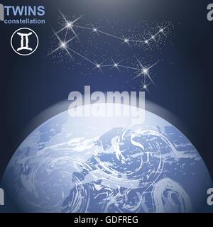 Twins constellation with stars and planet earth in 3d with light and atmosphere. Digital vector image Stock Vector