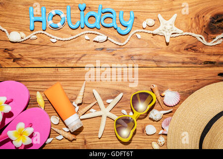 beach accessories on the wooden board Stock Photo
