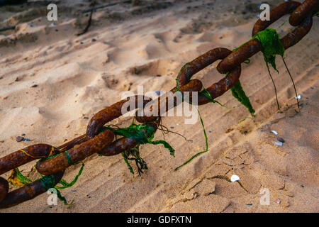 Rusty large chain on a sandy beach Stock Photo