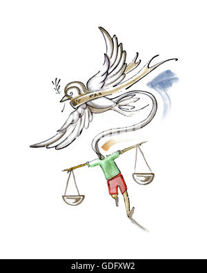 Hand drawn illustration or drawing of a man with a peace dove instead of head Stock Photo