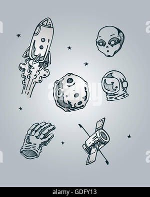 Hand drawn illustration or drawing of different space items Stock Photo