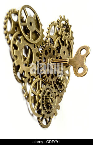gear heart with key on white Stock Photo