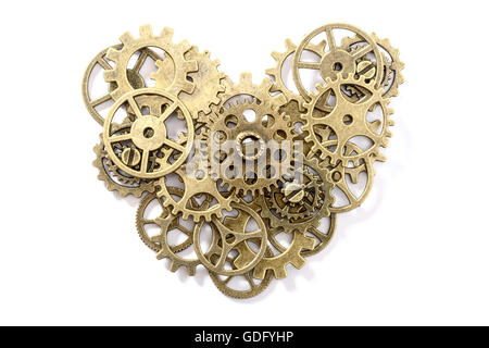 bronze gear heart on white, top view Stock Photo