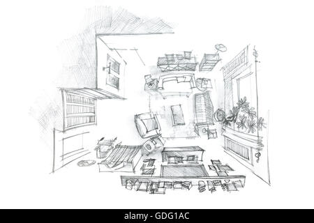 top view freehand drawing of modern living room with drawing tools ...