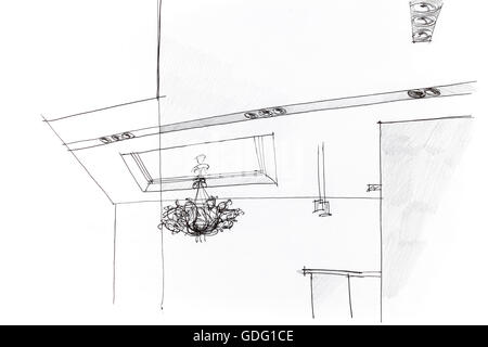 architectural freehand sketch of an idea for ceiling light in apartment Stock Photo