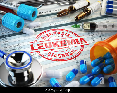 Leukemia diagnosis. Stamp, stethoscope, syringe, blood test and pills on the clipboard with medical report. 3d illustration Stock Photo