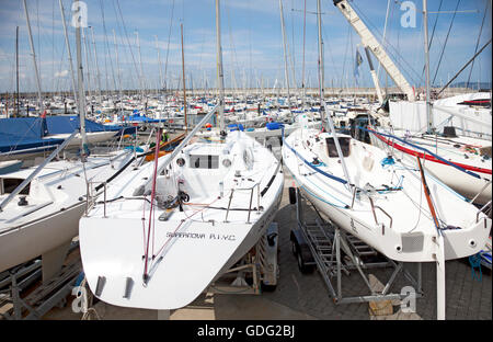 Racing yachts outside the Royal Irish Yacht Club and in Dun Laoghaire Marina, Republic of Ireland. Stock Photo