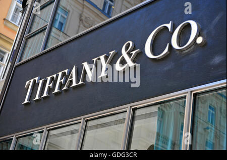 VIENNA, AUSTRIA - JUNE 6, 2016: Logotype of Tiffany and Co flagship store in Vienna on June 6, 2015. Stock Photo