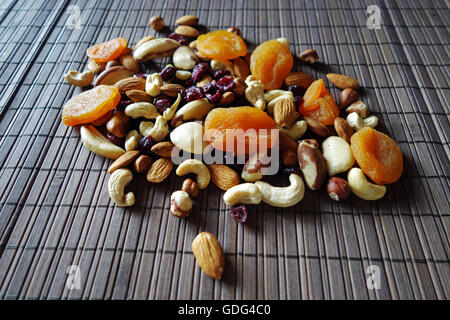 Mixed raw nuts and dried fruits Stock Photo