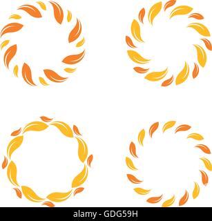 Yellow vector isolated leafs border. Stylish circle design. Abstract yellow color set logo. Sun logos set. Organic logo. Sunny logo. Logo sun. Nature logotypes. Stock Vector