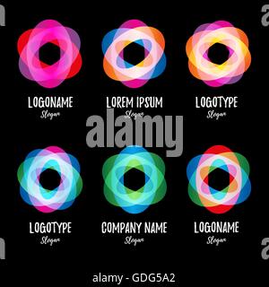 Colored intersecting ovals on black background. Abstract twist isolated vector colorful logo. Collection shiny logos. Hurricane, tornado logotype. Stock Vector