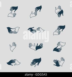 Volunteer business logotype template. Volunteer isolated logo. Vector hands picture. Volunteer union organization. Care logo. Care vector illustration. Hand volunteer icons. Family caring sign. Hands. Stock Vector