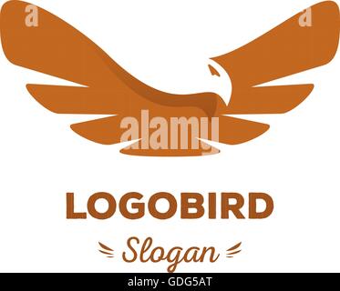 Fun, beauty, isolated, cartoon, geek eagle flies spread wings.Oval vector shape. Minimal, flat, round stylized logotype. Brown color logo template.Bird,eagle,hawk,vulture, feathers, wings element logo Stock Vector