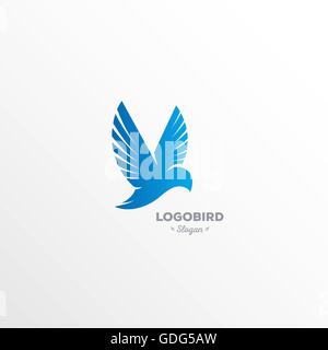 Fun, beauty, isolated, cartoon calibri flutters in the air, rectangular vector shape, minimalism, flat stylized logotype, blue bird, hummingbirds, eagle, dove, wings, feathers, tail, beakelement logo. Stock Vector