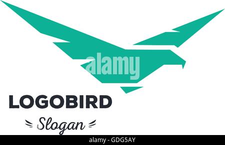 Isolated, cartoon, geek, strict eagle flying, triangular vector shape, minimalism, flat, stylish, geometric stylized logotype, turquoise color logo template, bird, wings, feathers, eagle element logo Stock Vector