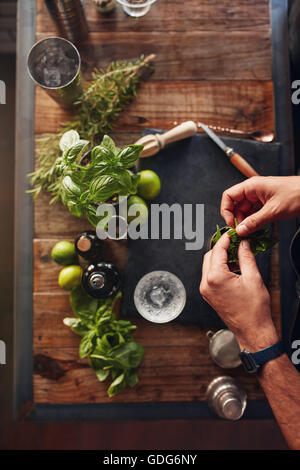 Set of bar accessories and ingredients for making a cocktail arranged on a wooden table with bartender hands working. Barman exp Stock Photo