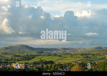 An evening view over Kendal looking up towards Kentmere. Stock Photo
