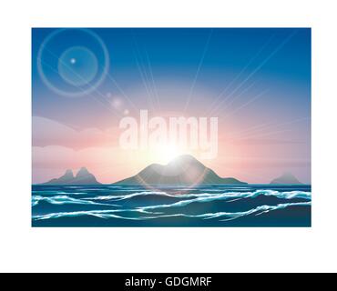 Horizontal background with sunrise over the ocean and tropical islands. Stock Vector