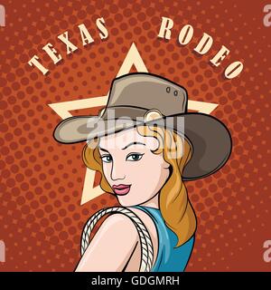 Pretty girl in cowboy hat with lasso. Pop art style. Wild West or Texas Rodeo label design Stock Vector