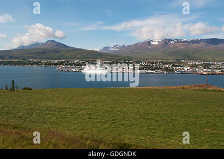 Iceland: view of the fjord of Akureyri, capital of the north of Iceland located at the head of a long fjord surrounded by high mountains Stock Photo